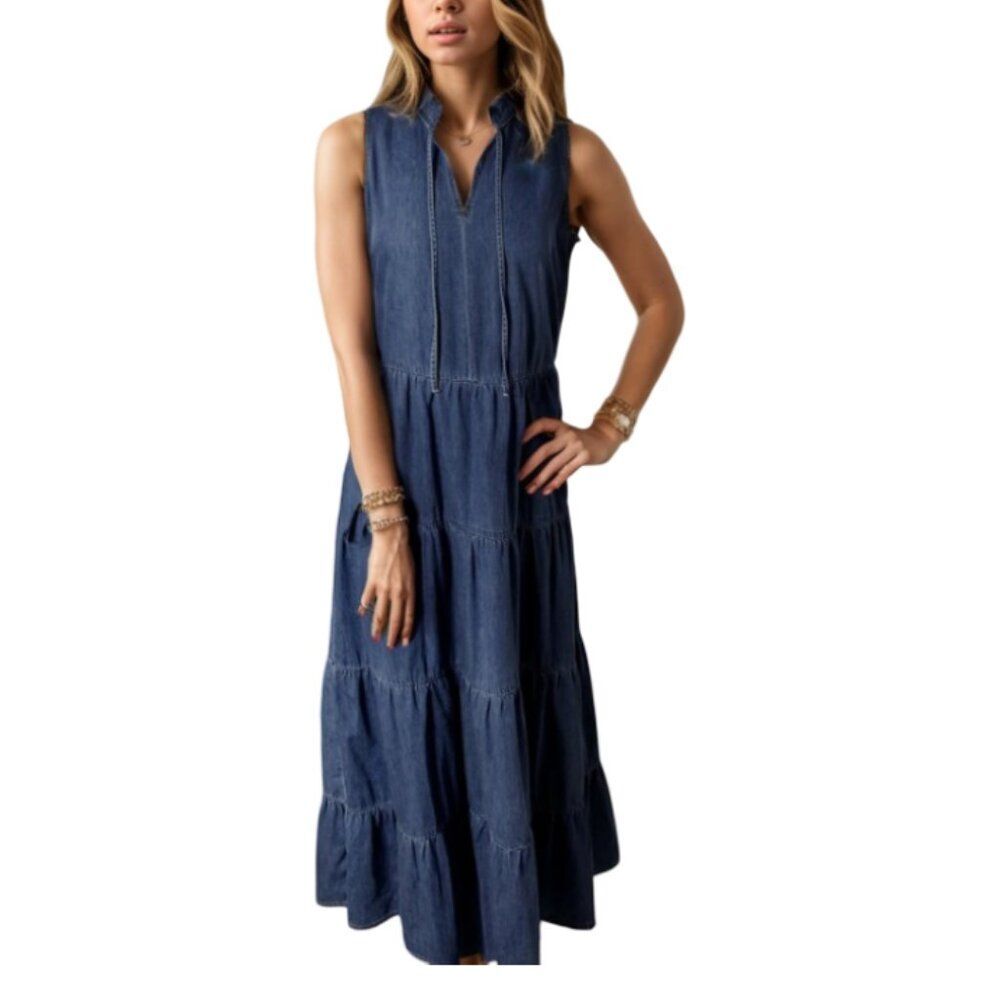 Denim Women's Sleeveless, Tiered Chambray Maxi Dress Size S